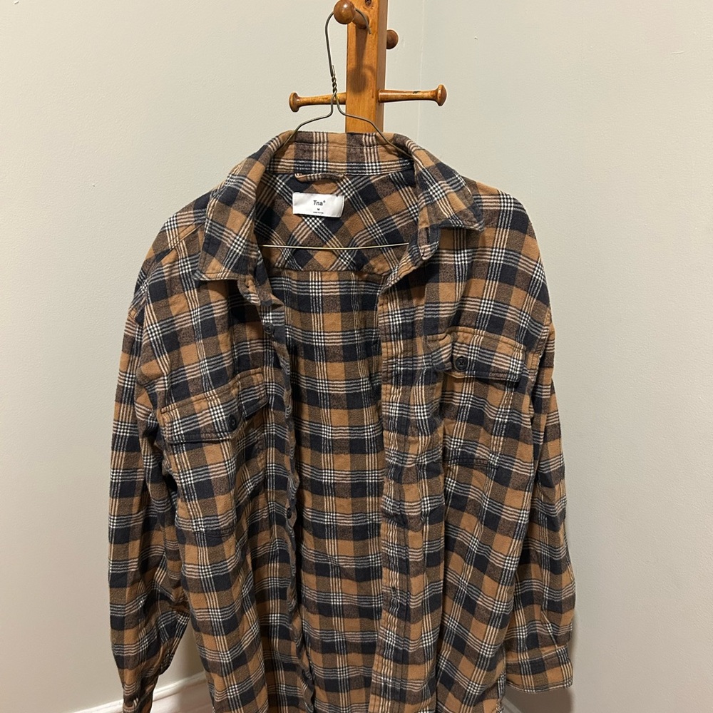 100% COTTON Plaid Brown and Black TNA OVERSIZED Shirt.